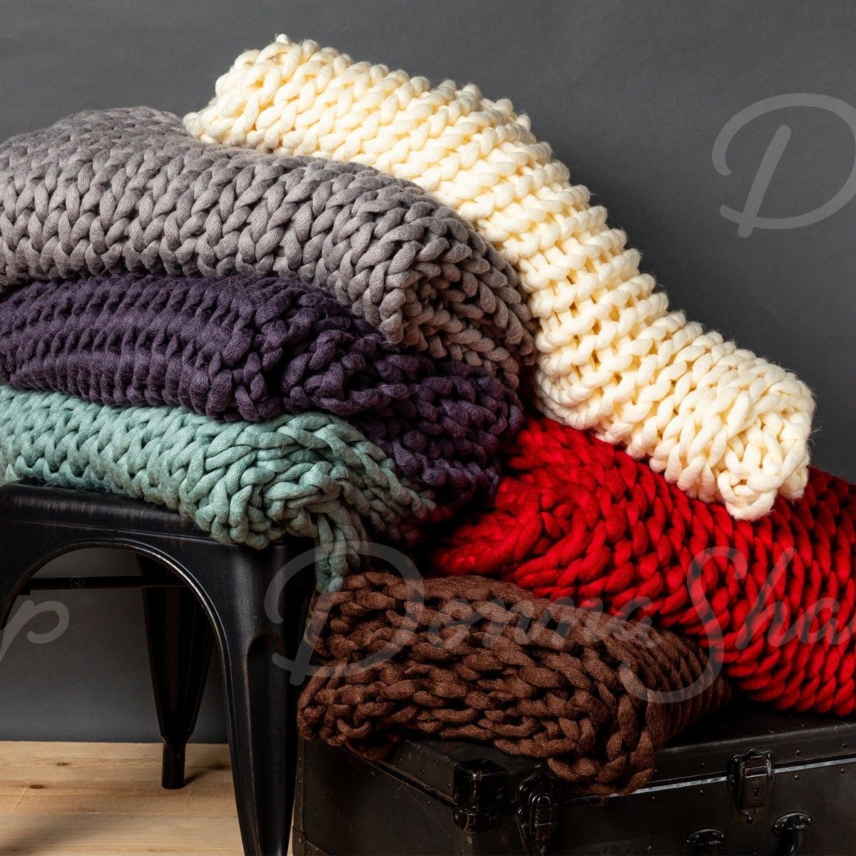 throw chunky knit knitted aqua indigo blanket