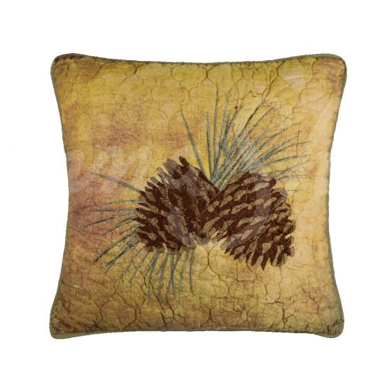 This pillow has the same stitching pattern with two pine cones and pine needles.