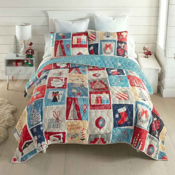 Twin bedding set includes one sham, featuring a vibrant design and reversible quilt for versatile bedroom décor. (This image shows bedding with two shams). Accessories sold separately.
