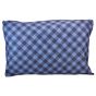 The back of the pillowcase is a blue and grey buffalo check.