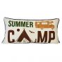 This rectangular pillow has an RV and says "Summer Camp" with a tent.
