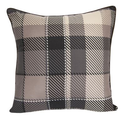 This plaid decorative pillow features browns and tans.