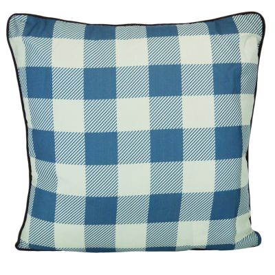 The front of this decorative pillow is in a blue checkered pattern.