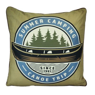 The front of this pillow features a canoe.