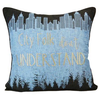 This decorative pillow features a city skyline and tree line in blue.