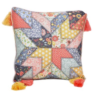 This decorative pillow has watermelon, olive green, coral, soft aqua, yellow, and buttercream.