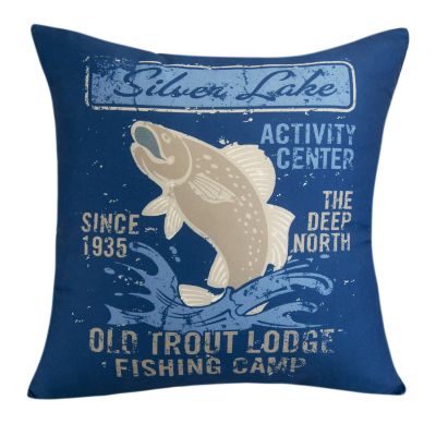 This dec pillow features a jumping trout on a beautiful blue background