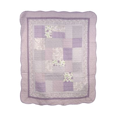 Lavender Rose decorative throw is a lavender patchwork design with a floral pattern and scalloped edges. 