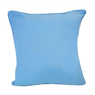 The front of this decorative pillow is blue and says 