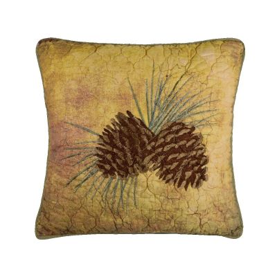 This pillow has the same stitching pattern with two pine cones and pine needles.