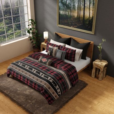 Canoe Trip features a large plaid design with red, black, grey, tan, gold, navy, and parchment.