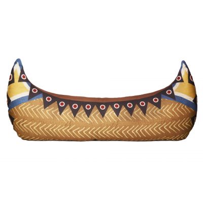 This pillow is shaped like a canoe.