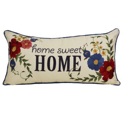 The front of this pillow features flowers and 'Home Sweet Home.'