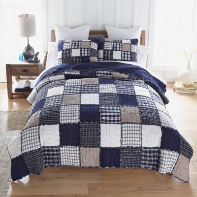 Checkerboard Indigo Cotton Pieced Quilt with two shams.