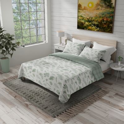 This charming cotton bedding ensemble from Donna Sharp displays an array of peaceful sage-colored ferns, butterflies and assorted leaf motifs on a white background.