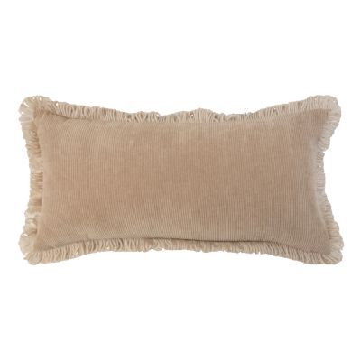 This rectangular pillow is camel-colored with fringe detail.