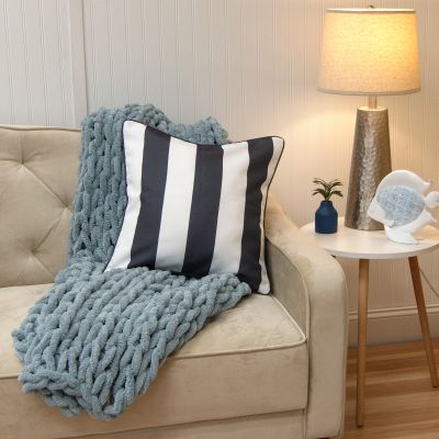 This fun decorative pillow features wide grey and white stripes.