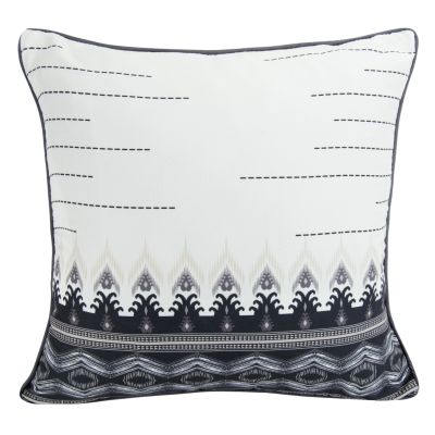 This square pillow includes shades of grey, taupe, and white.