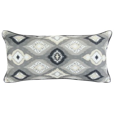This rectangular pillow has shades of charcoal, grey, taupe, black, and white.