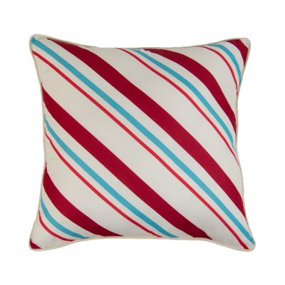 Retro Christmas Striped pillow in red and white candy cane colors with stripes of turquoise blue. 
