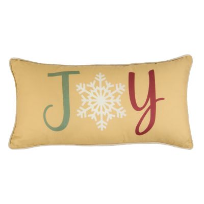 Retro Christmas Joy Pillow. The "O" in Joy is depicted as a white snowflake. J is Green, Y is red, on a Golden yellow background. 