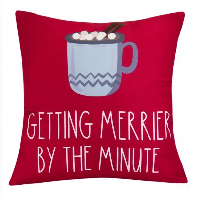 This square pillow is red and features a cup of hot cocoa and says "Getting Merrier by the Minute."