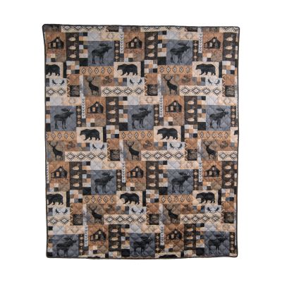 Kila decorative throw depicts images of deer, bears, moose, ducks, and rustic cabins. 