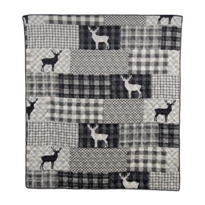Ridge Point Quilted Bedding by Donna Sharp from Your Lifestyle Coordinating Throw front image, deer silhouettes on a grey, ivory, and black plaid background.