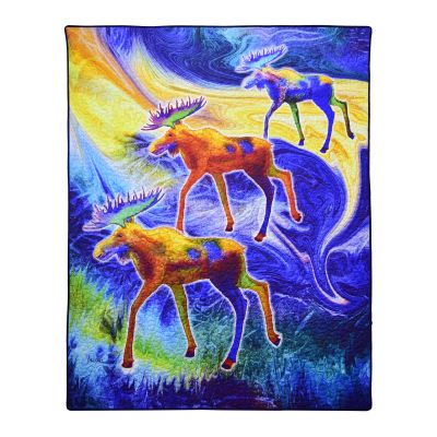 Throw displays original art by Teresa Ascone of three moose on a brightly colored watercolor painting in blue, yellow, orange, and purple. 