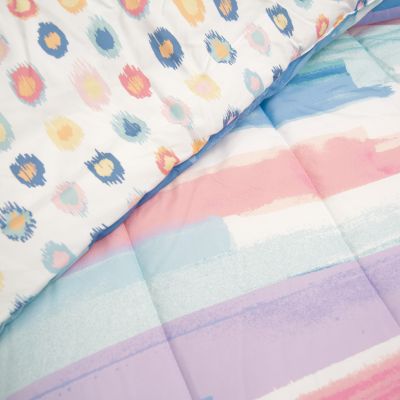 This comforter has a brush stroke pattern in blush, peach, fuchsia, and aqua.