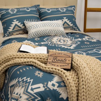 comforter set, blue green, ivory colors, southwest pattern across entire quilt 